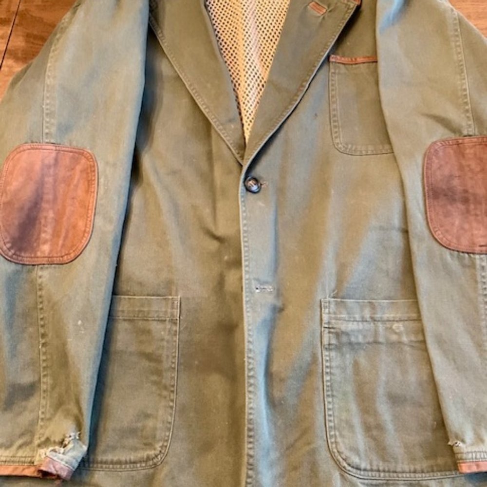 Green Guide Gear jacket with brown suede elbow patches